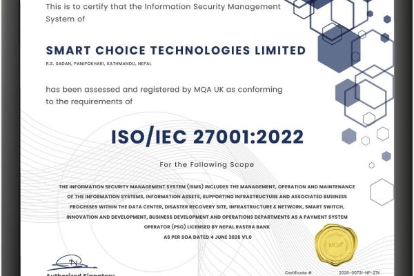 स्मार्ट च्वाइस टेक्नोलोजिज लिमिटेडले प्राप्त गर्यो ISO/IEC 27001:2022 अन्तर्राष्ट्रिय प्रमाणपत्र स्मार्ट च्वाइस टेक्नोलोजिज लिमिटेडले प्राप्त गर्यो ISO/IEC 27001:2022 अन्तर्राष्ट्रिय प्रमाणपत्र